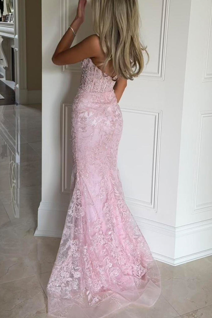 Sweetheart Pink Lace Appliques Long Evening Prom Dresses, Mermaid Prom Dress, MR0105