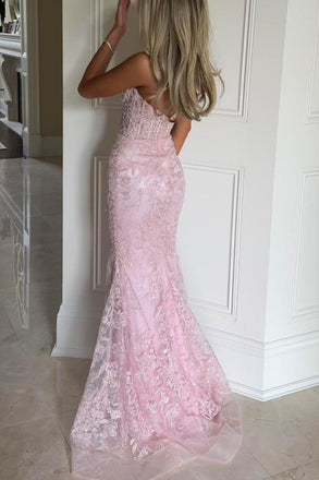 Sweetheart Pink Lace Appliques Long Evening Prom Dresses, Mermaid Prom Dress, MR0105