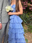 Simple Blue Chiffon Sweetheart Long Evening Prom Dresses, Strapless Prom Dress, MR0107