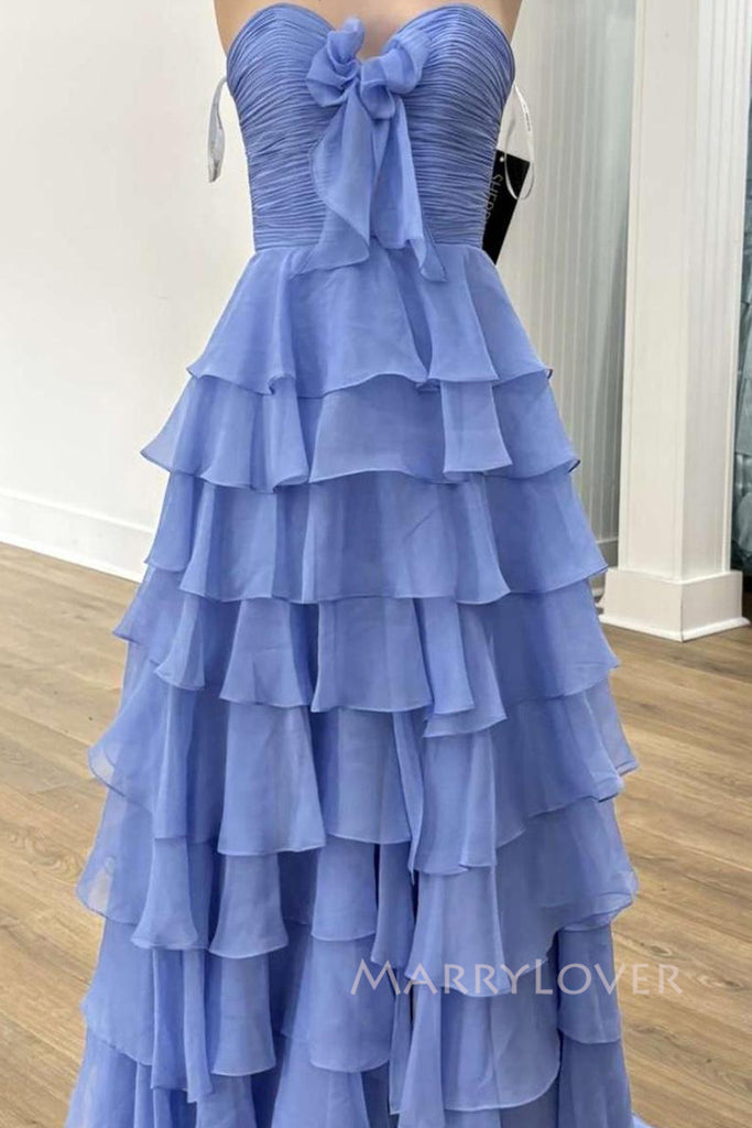 Simple Blue Chiffon Sweetheart Long Evening Prom Dresses, Strapless Prom Dress, MR0107