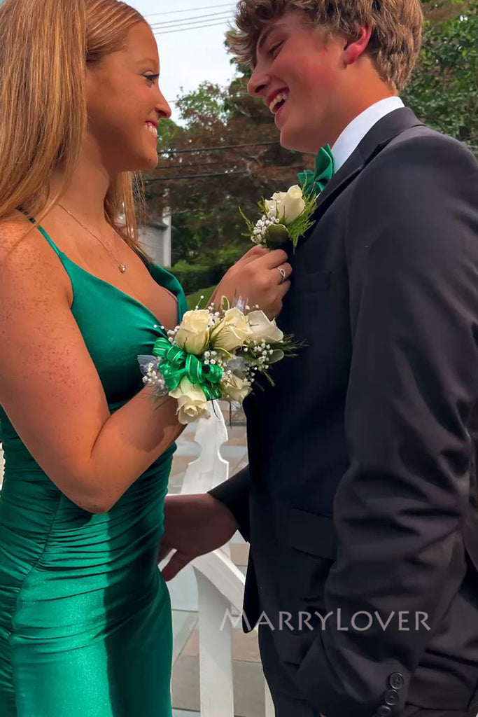 Backless Green V-neck Mermaid Long Evening Prom Dresses, MR0108