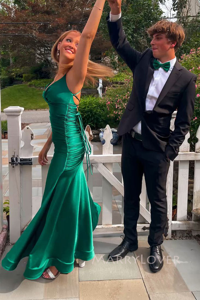 Backless Green V-neck Mermaid Long Evening Prom Dresses, MR0108
