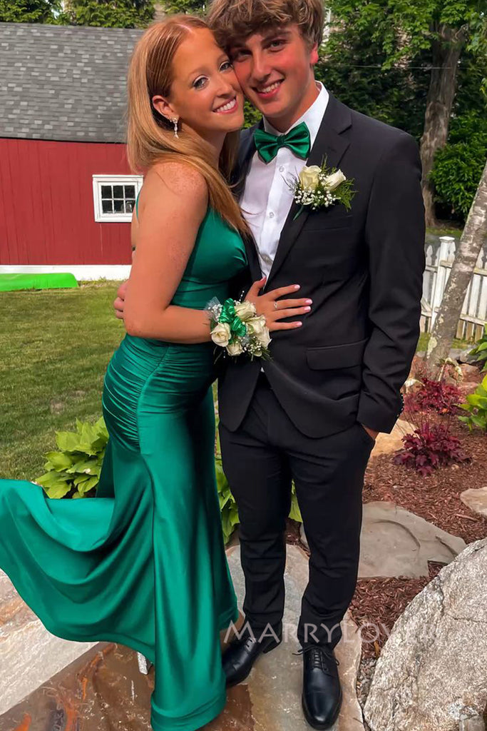 Backless Green V-neck Mermaid Long Evening Prom Dresses, MR0108