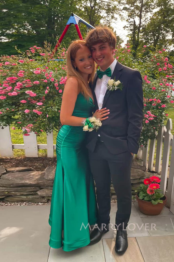 Backless Green V-neck Mermaid Long Evening Prom Dresses, MR0108