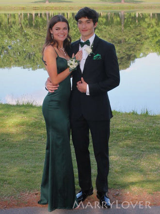 Simple Backless Emerald Green Satin Long Evening Prom Dresses, Mermaid Prom Dress, MR0109