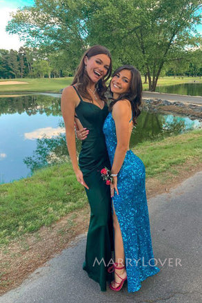 Simple Backless Emerald Green Satin Long Evening Prom Dresses, Mermaid Prom Dress, MR0109