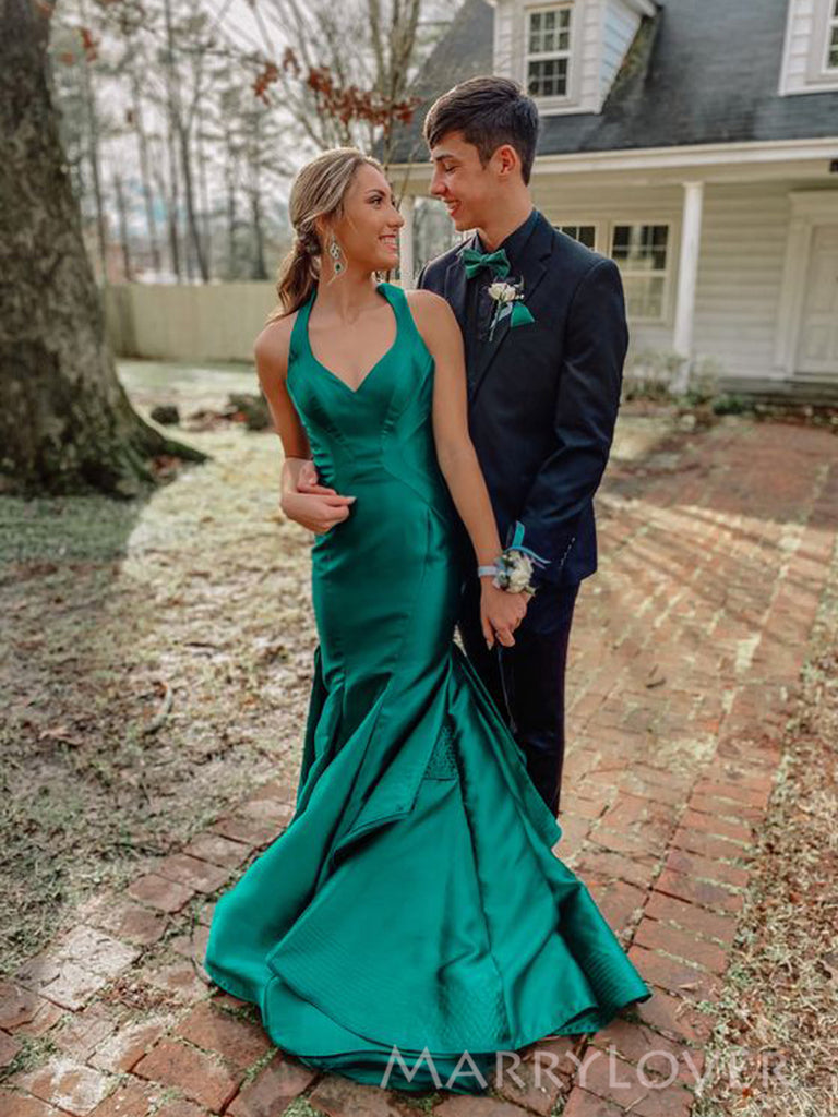 Formal Mermaid Green Satin Long Evening Prom Dresses, V-neck Prom Dress, MR0110