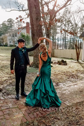 Formal Mermaid Green Satin Long Evening Prom Dresses, V-neck Prom Dress, MR0110