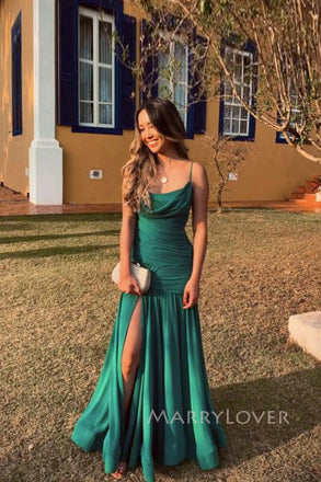 Spaghetti Straps Green Side Slit Long Evening Prom Dresses, MR0111