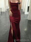 Burgundy Satin Spaghetti Straps Mermaid Long Evening Prom Dresses, MR0112