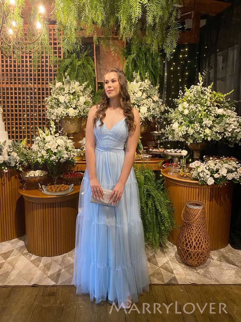 Simple Blue Tulle A-line Long Evening Prom Dresses V-neck, MR0115