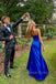 Lovely Blue Satin V-neck Long Evening Prom Dresses, Spaghetti Straps Prom Dress, MR0118
