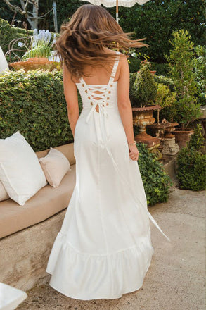 Formal White Satin Side Slit Long Evening Prom Dresses, Straps Wedding Dress, MR0119