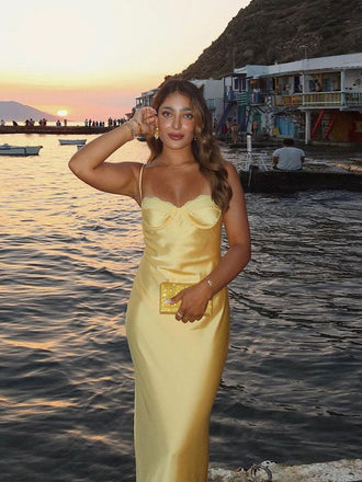 Sexy Spaghetti Straps Gold Satin Long Evening Prom Dresses, MR0121