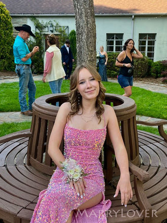 Sparkly Pink Sequins Mermiaid Spaghetti Straps Long Evening Prom Dresses, MR0124