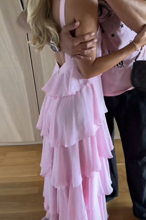 Morden Pink Chiffon Long Evening Prom Dresses, A-line Backless Prom Dress, MR0125