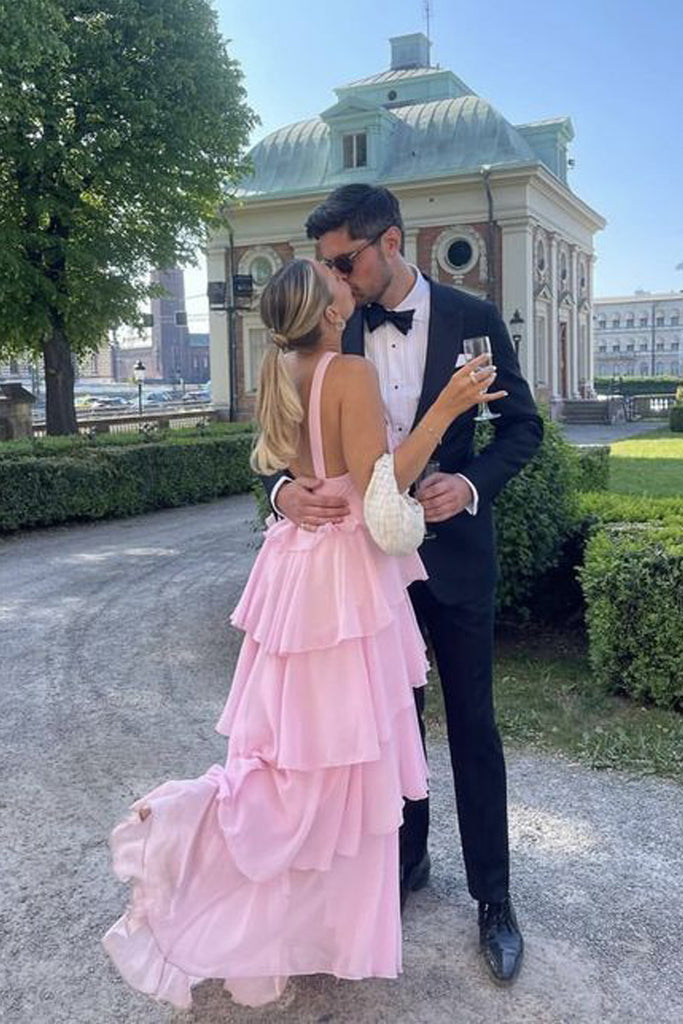 Morden Pink Chiffon Long Evening Prom Dresses, A-line Backless Prom Dress, MR0125