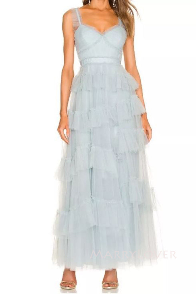 Gorgeous Blue Tulle A-line Straps Long Evening Prom Dresses, MR0126