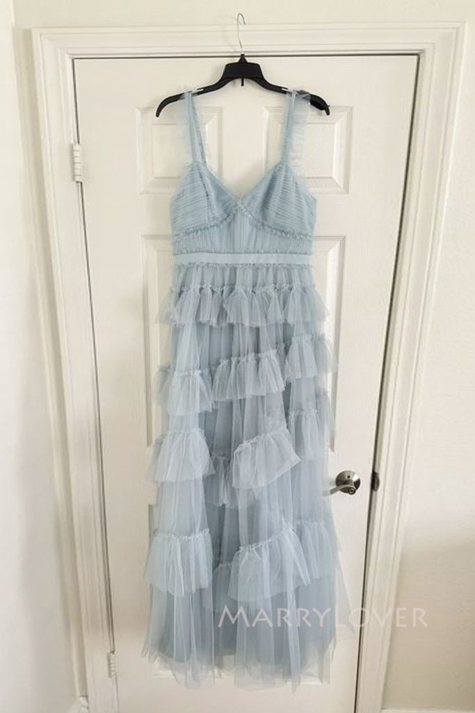Gorgeous Blue Tulle A-line Straps Long Evening Prom Dresses, MR0126