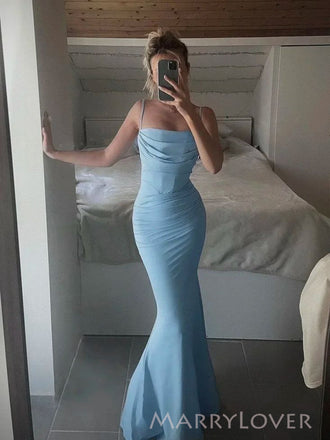 Blue Sheath Spaghetti Straps Mermaid Long Evening Prom Dresses, MR0127