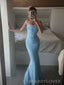 Blue Sheath Spaghetti Straps Mermaid Long Evening Prom Dresses, MR0127