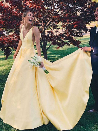 Deep V-neck Yellow Satin Long A-line Evening Prom Dresses, MR0128