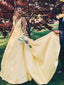 Deep V-neck Yellow Satin Long A-line Evening Prom Dresses, MR0128