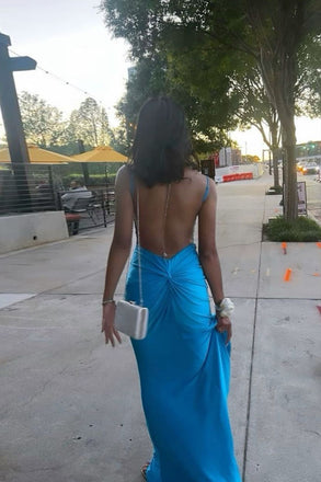 Floor-length High Slit Straps Blue Satin Long Evening Prom Dresses, MR0129