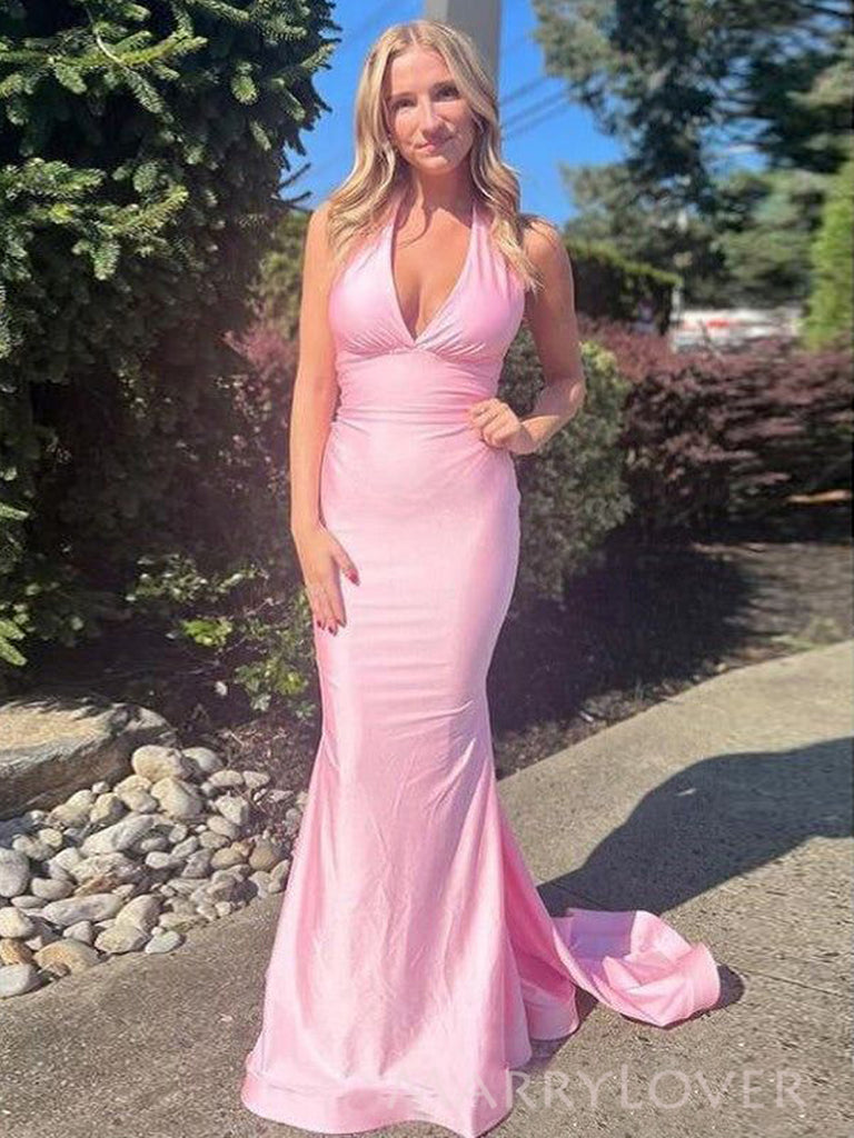 Halter Pink Mermaid V-neck Long Evening Prom Dresses, MR0130