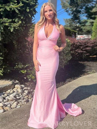 Halter Pink Mermaid V-neck Long Evening Prom Dresses, MR0130