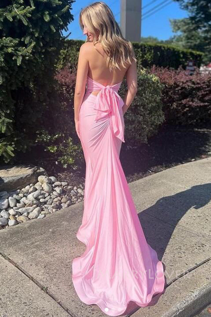 Halter Pink Mermaid V-neck Long Evening Prom Dresses, MR0130