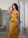 Elegant One Shoulder Mermaid Gold Satin Long Evening Prom Dresses, MR0131