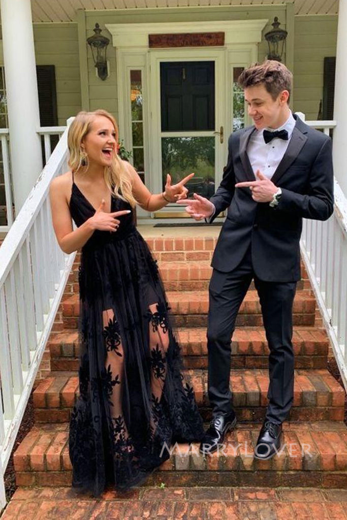 A-line Black Tulle Appliques Spaghetti Straps Long Evening Prom Dresses V-neck, MR0132