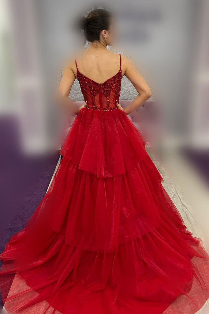 Formal A-line Tulle Beaded Spaghetti Straps Long Evening Prom Dresses, MR0133