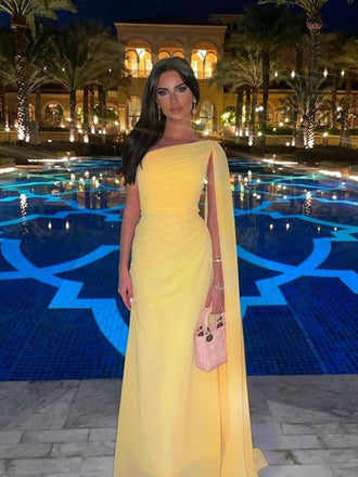 One Shoulder Yellow Chiffon Long Evening Prom Dresses, MR0135