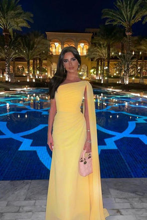 One Shoulder Yellow Chiffon Long Evening Prom Dresses, MR0135