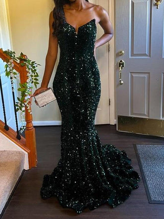 Strapless Dark Green Sequins Mermiaid Long Evening Prom Dresses, MR0137