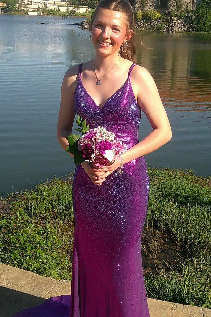 Sparkly Purple Mermiaid V-neck Long Evening Prom Dresses, Spaghetti Straps Prom Dress, MR0140