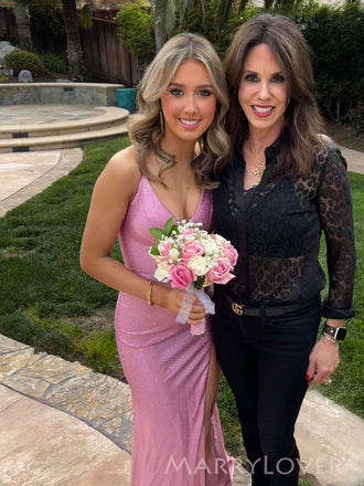 V-neck Mermaid Sparkly Long Evening Prom Dresses, Side Slit Prom Dress, MR0146