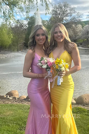 V-neck Mermaid Sparkly Long Evening Prom Dresses, Side Slit Prom Dress, MR0146