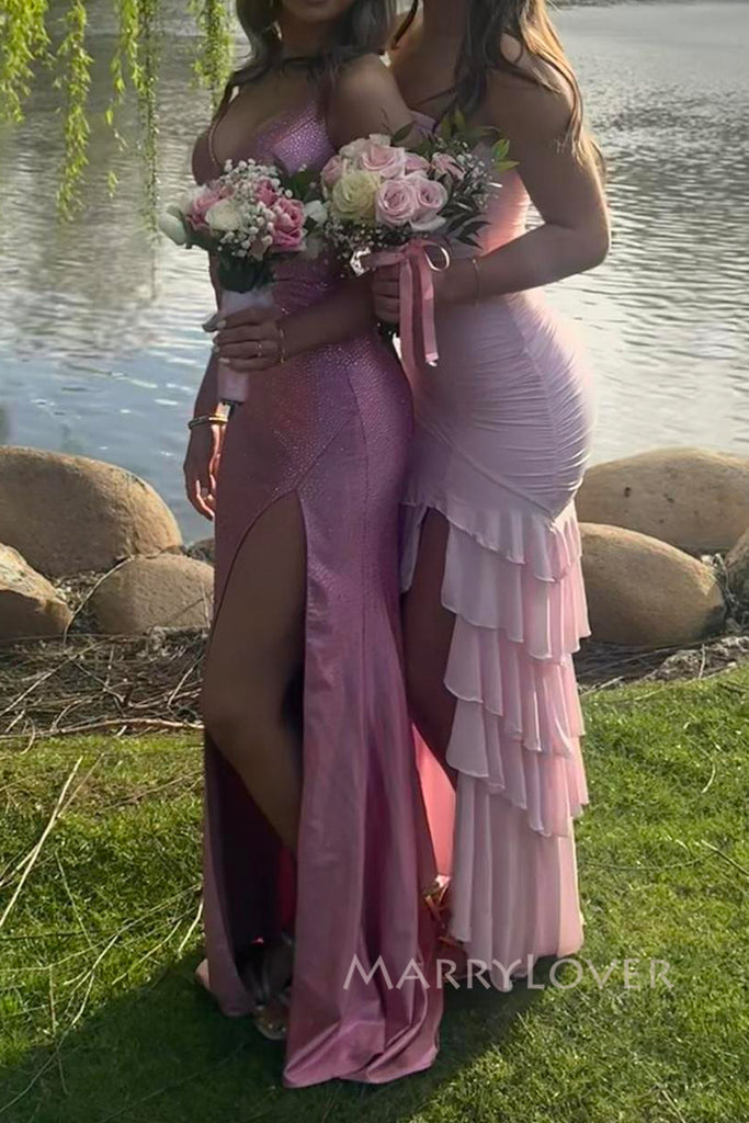 V-neck Mermaid Sparkly Long Evening Prom Dresses, Side Slit Prom Dress, MR0146