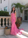 Unique Pink Lace V-neck Long Evening Prom Dresses, Mermaid Prom Dress, MR0147