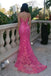 Unique Pink Lace V-neck Long Evening Prom Dresses, Mermaid Prom Dress, MR0147