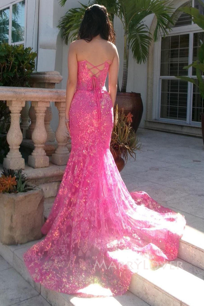 Unique Pink Lace V-neck Long Evening Prom Dresses, Mermaid Prom Dress, MR0147