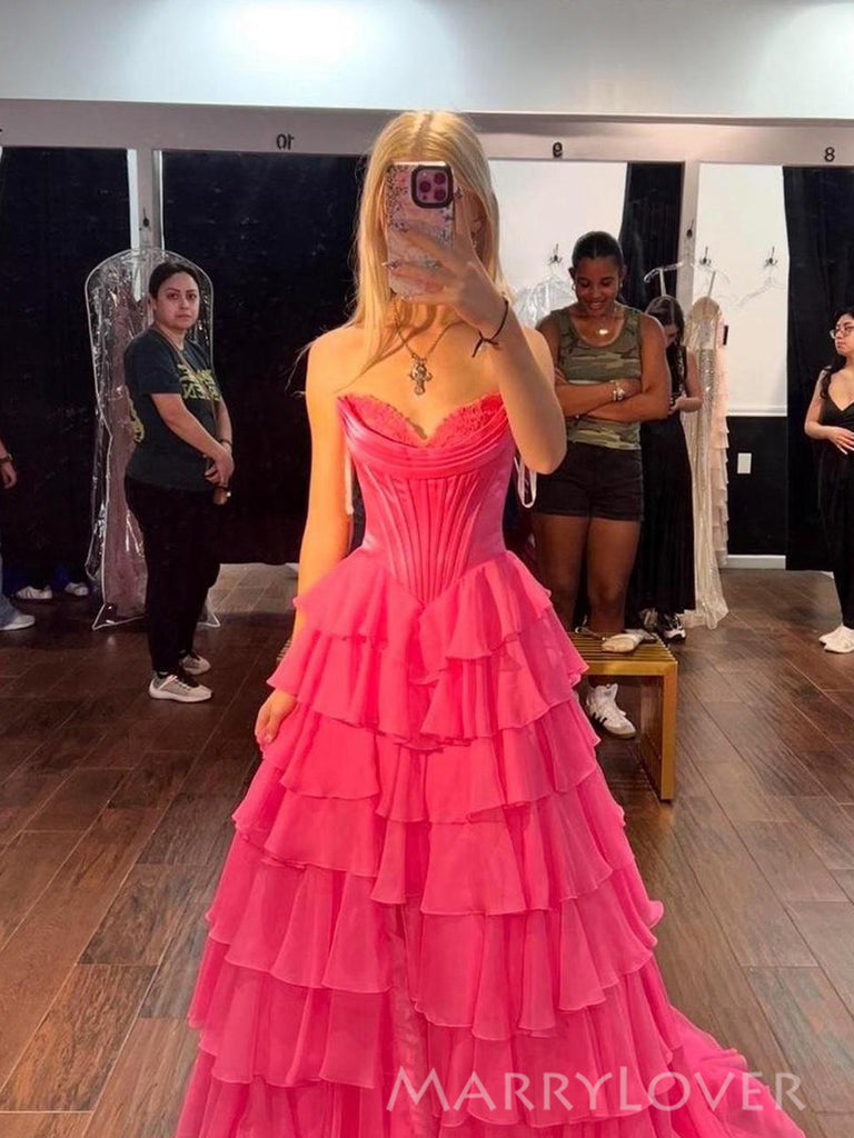 Hot Pink Sweetheart A-line Long Evening Prom Dresses, Side Slit Strapless Prom Dress, MR0151