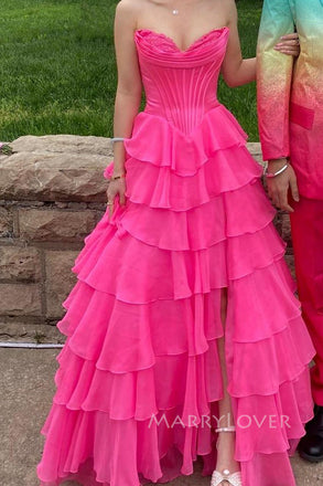 Hot Pink Sweetheart A-line Long Evening Prom Dresses, Side Slit Strapless Prom Dress, MR0151
