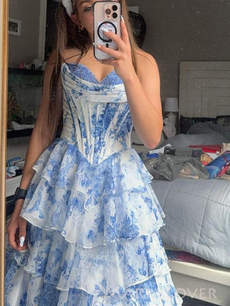 Sweetheart A-line Blue Chiffon Long Evening Prom Dresses, MR0153