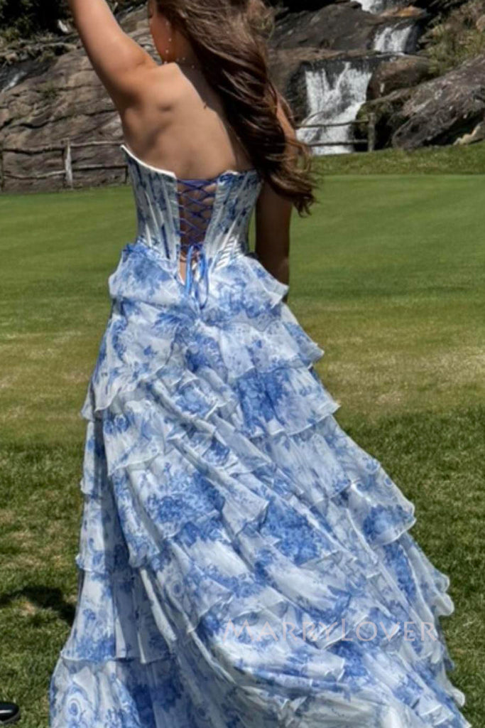 Sweetheart A-line Blue Chiffon Long Evening Prom Dresses, MR0153