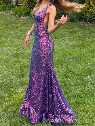 Purple Sequins Mermaid V-back Long Evening Prom Dresses, V-neck Prom Dress, MR0154