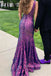 Purple Sequins Mermaid V-back Long Evening Prom Dresses, V-neck Prom Dress, MR0154